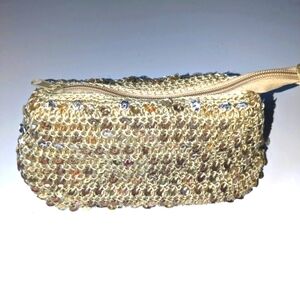 Frankie & Johnnie Vintage Elegant Gold Clutch/Makeup Pouch Sequins Crochet Bling